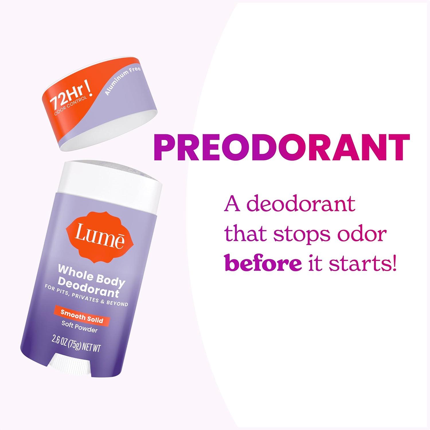 image:imageLume Whole Body Deodorant Smooth Solid Stick 72 Hour Odor Control Aluminum Free Baking Soda Free and Skin Safe 26 Ounce Pack of 3 Clean Tangerine Lavender Sage UnscentedSoft Powder