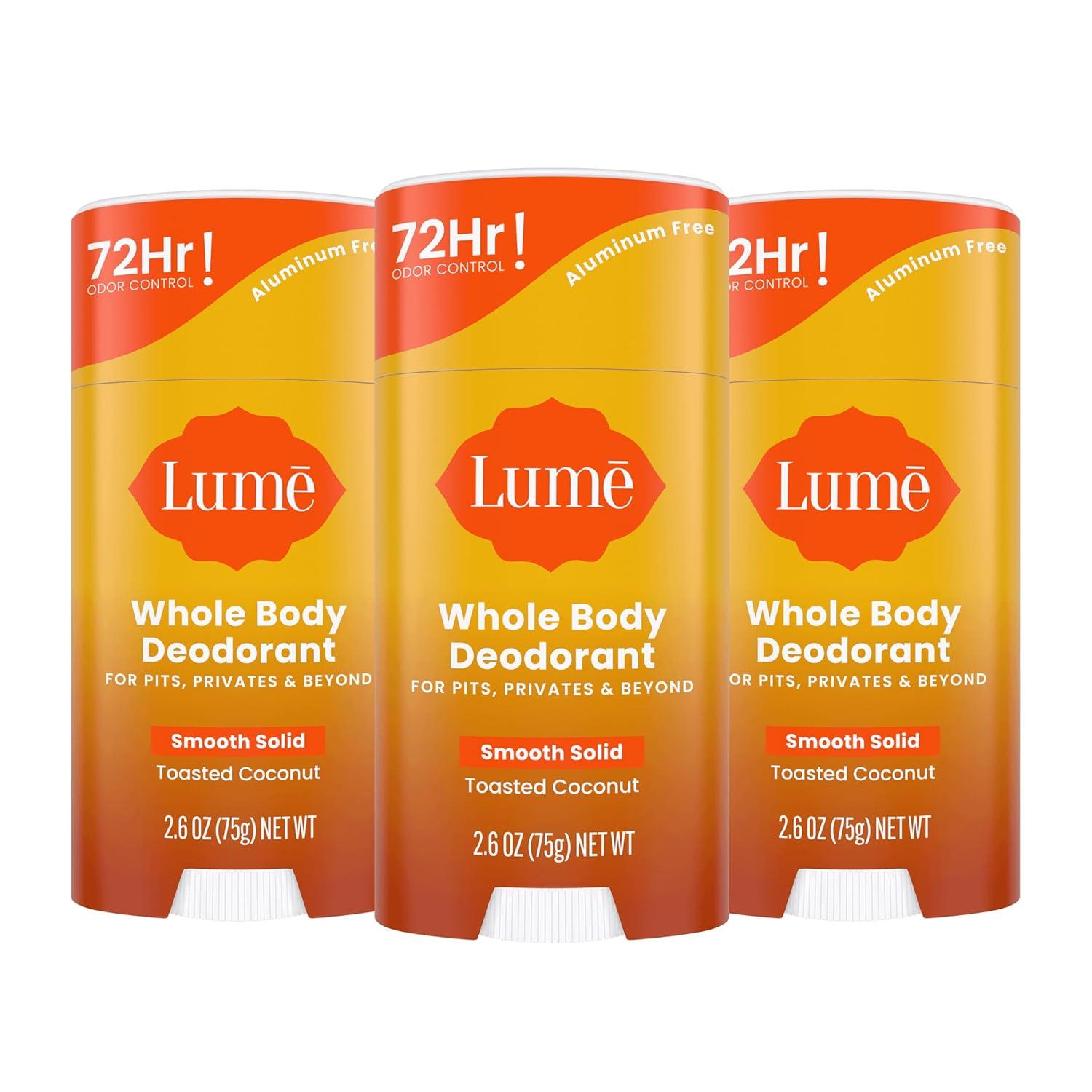 image:imageLume Whole Body Deodorant Smooth Solid Stick 72 Hour Odor Control Aluminum Free Baking Soda Free and Skin Safe 26 Ounce Pack of 3 Clean Tangerine Lavender Sage UnscentedToasted Coconut