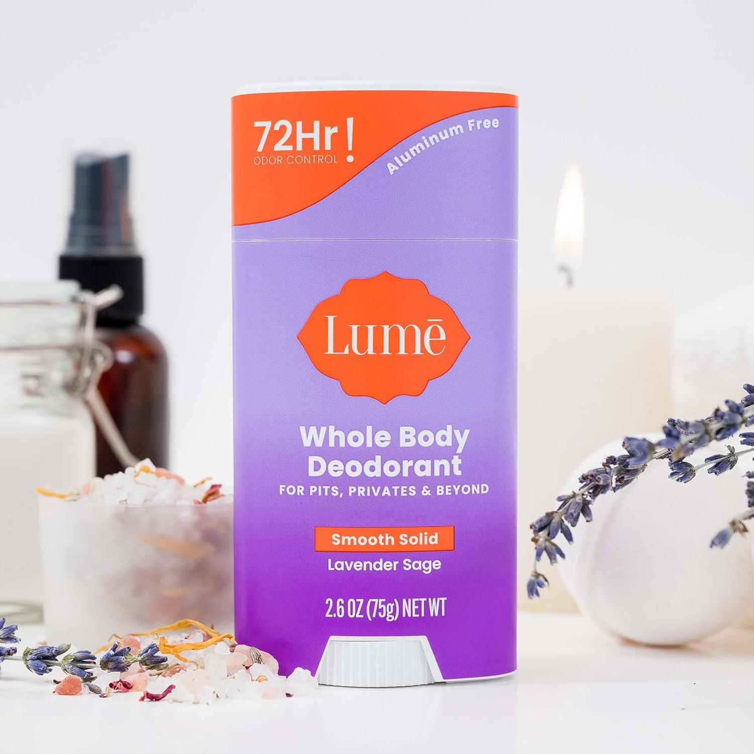 image:imageLume Whole Body Deodorant Smooth Solid Stick 72 Hour Odor Control Aluminum Free Baking Soda Free and Skin Safe 26 Ounce Pack of 3 Clean Tangerine Lavender Sage UnscentedLavender Sage