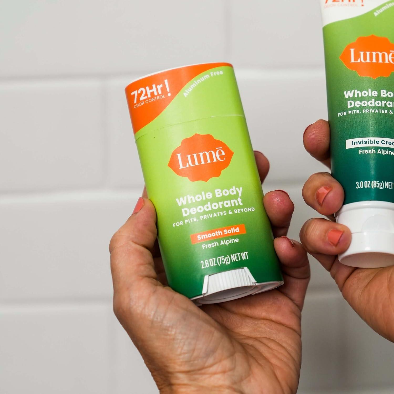 image:imageLume Whole Body Deodorant Smooth Solid Stick 72 Hour Odor Control Aluminum Free Baking Soda Free and Skin Safe 26 Ounce Pack of 3 Clean Tangerine Lavender Sage UnscentedFresh Alpine