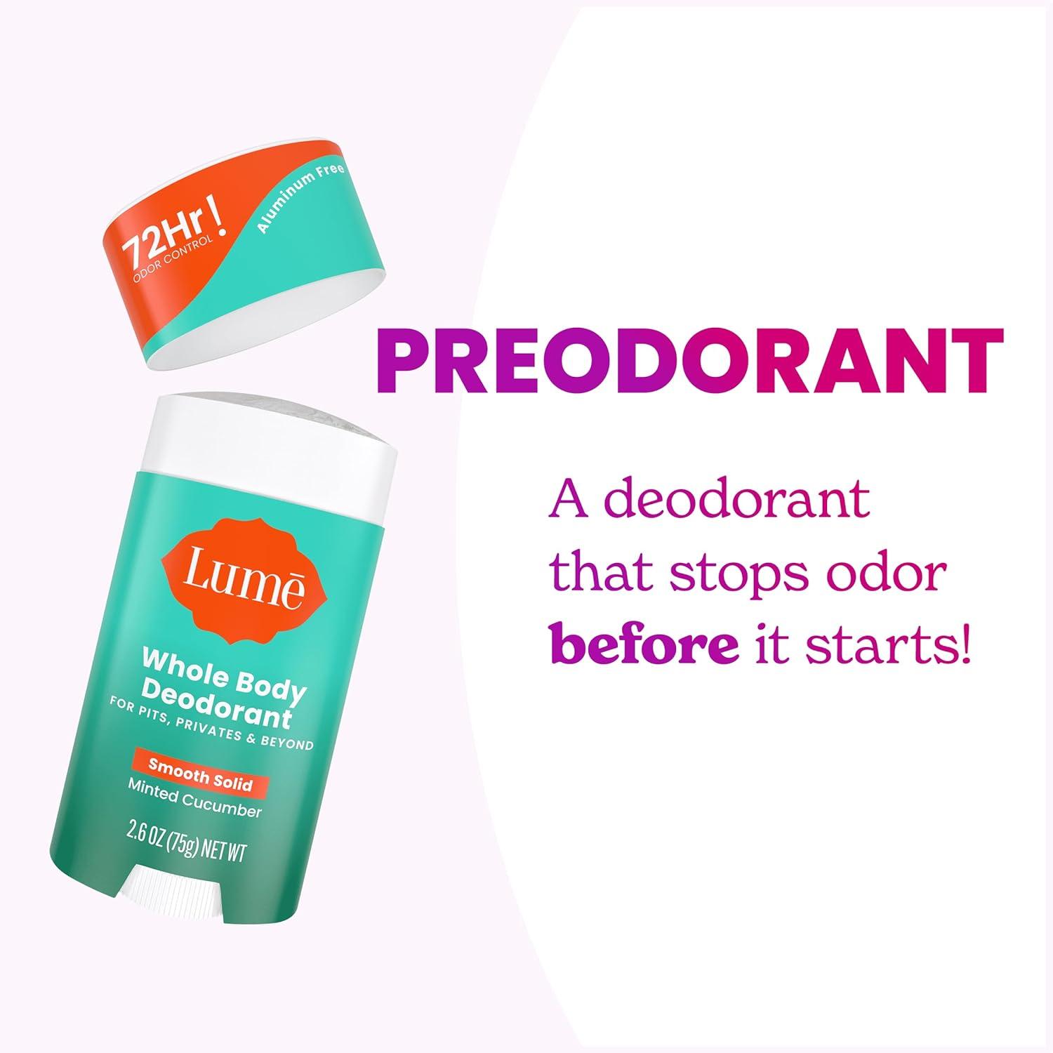 image:imageLume Whole Body Deodorant Smooth Solid Stick 72 Hour Odor Control Aluminum Free Baking Soda Free and Skin Safe 26 Ounce Pack of 3 Clean Tangerine Lavender Sage UnscentedMinted Cucumber