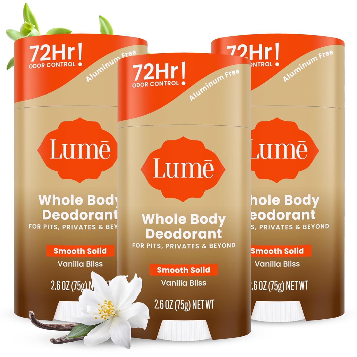 image:imageLume Whole Body Deodorant Smooth Solid Stick 72 Hour Odor Control Aluminum Free Baking Soda Free and Skin Safe 26 Ounce Pack of 3 Clean Tangerine Lavender Sage UnscentedVanilla Bliss