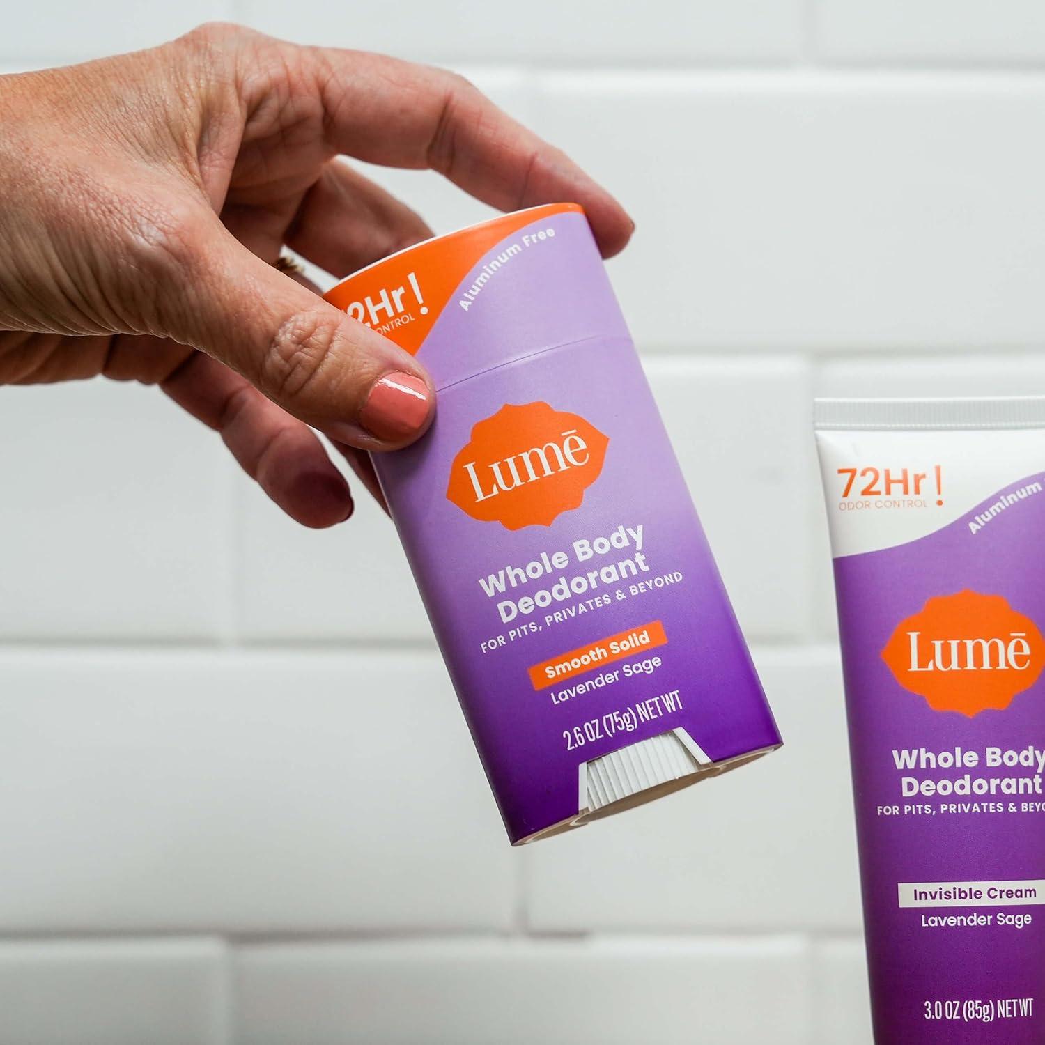 image:imageLume Whole Body Deodorant Smooth Solid Stick 72 Hour Odor Control Aluminum Free Baking Soda Free and Skin Safe 26 Ounce Pack of 3 Clean Tangerine Lavender Sage UnscentedLavender Sage