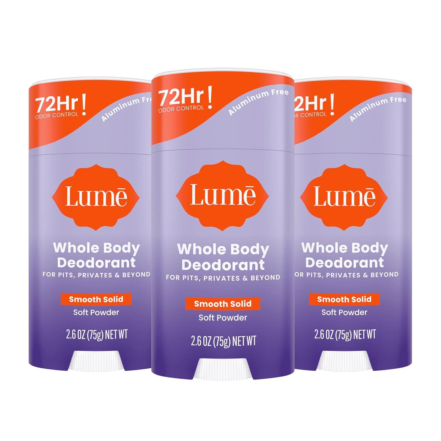 image:imageLume Whole Body Deodorant Smooth Solid Stick 72 Hour Odor Control Aluminum Free Baking Soda Free and Skin Safe 26 Ounce Pack of 3 Clean Tangerine Lavender Sage UnscentedSoft Powder