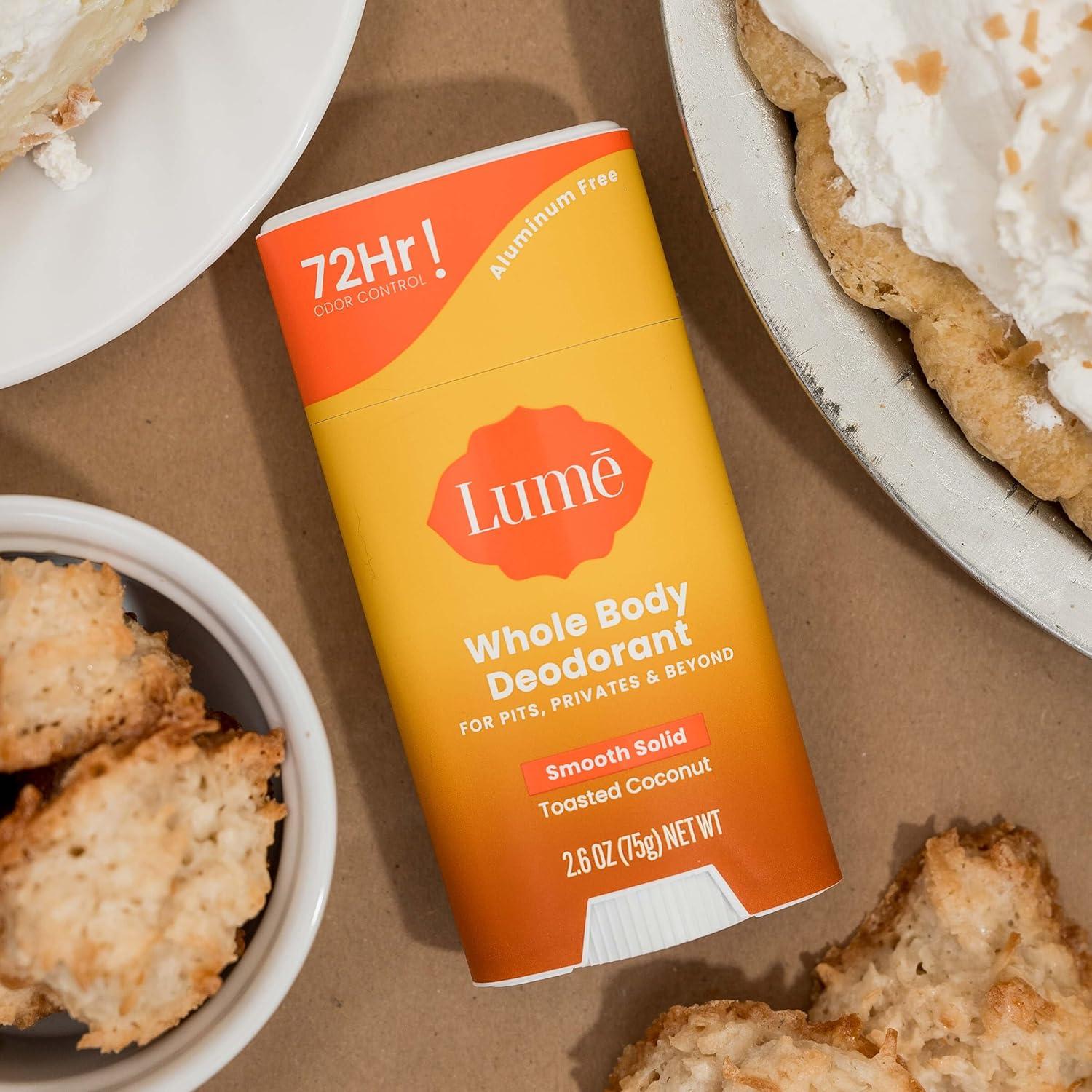 image:imageLume Whole Body Deodorant Smooth Solid Stick 72 Hour Odor Control Aluminum Free Baking Soda Free and Skin Safe 26 Ounce Pack of 3 Clean Tangerine Lavender Sage UnscentedToasted Coconut