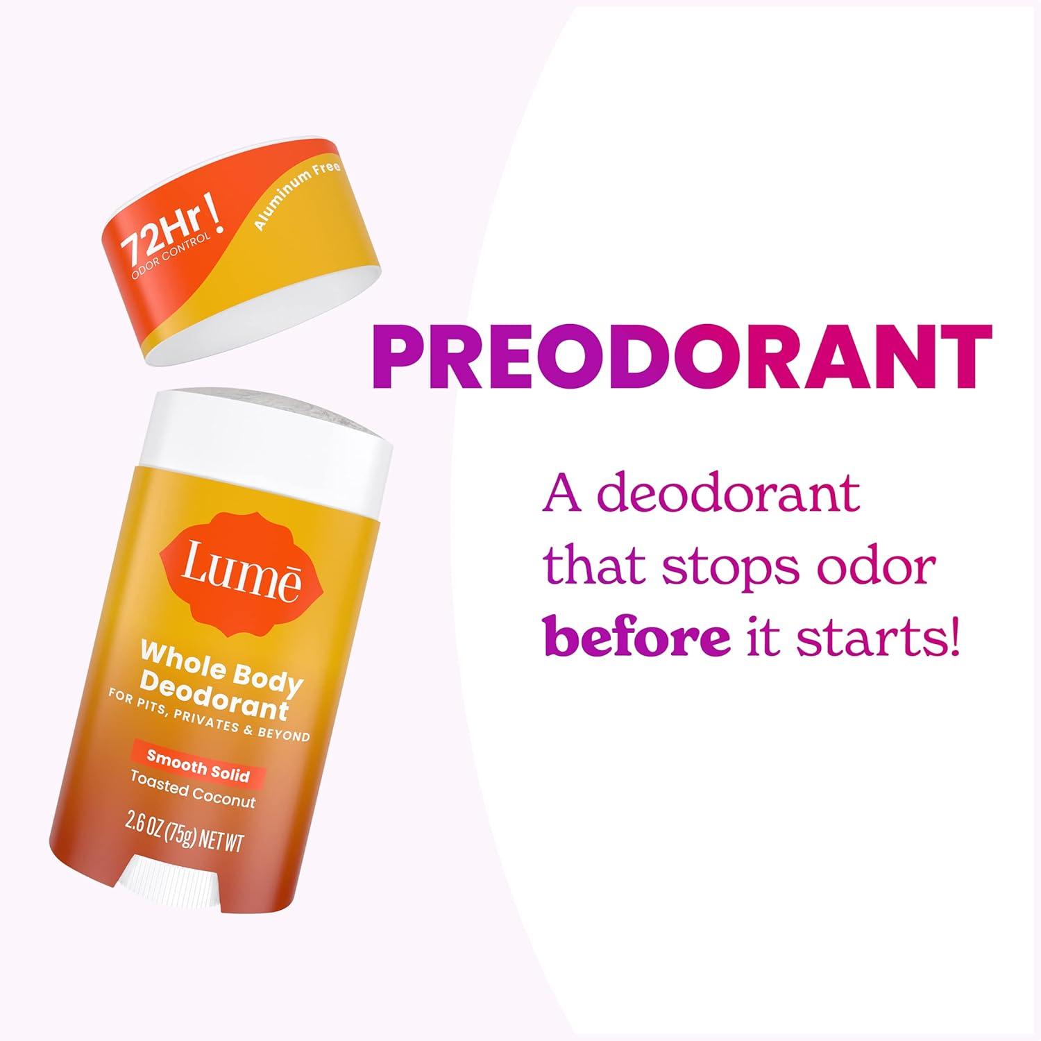 image:imageLume Whole Body Deodorant Smooth Solid Stick 72 Hour Odor Control Aluminum Free Baking Soda Free and Skin Safe 26 Ounce Pack of 3 Clean Tangerine Lavender Sage UnscentedToasted Coconut