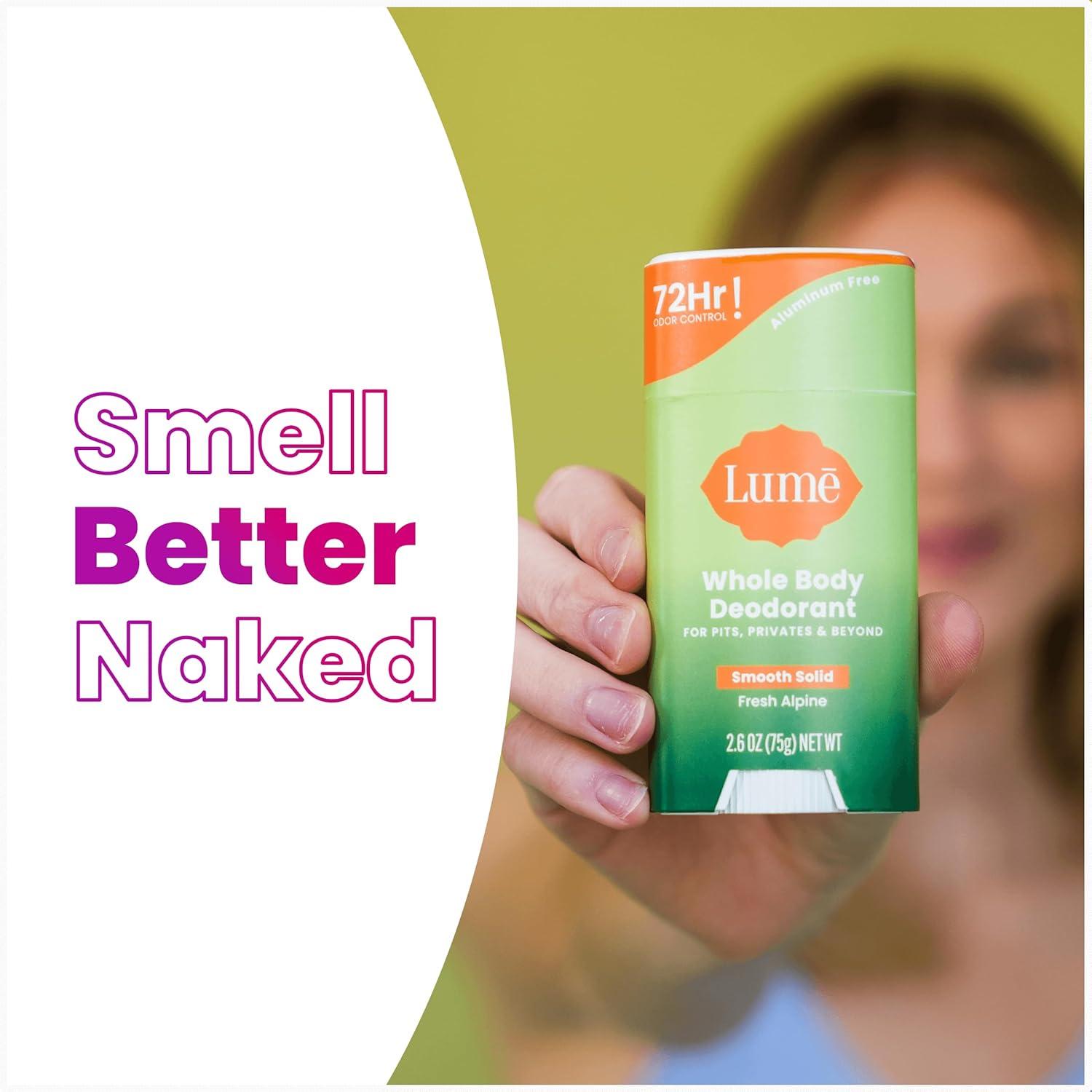 image:imageLume Whole Body Deodorant Smooth Solid Stick 72 Hour Odor Control Aluminum Free Baking Soda Free and Skin Safe 26 Ounce Pack of 3 Clean Tangerine Lavender Sage UnscentedFresh Alpine