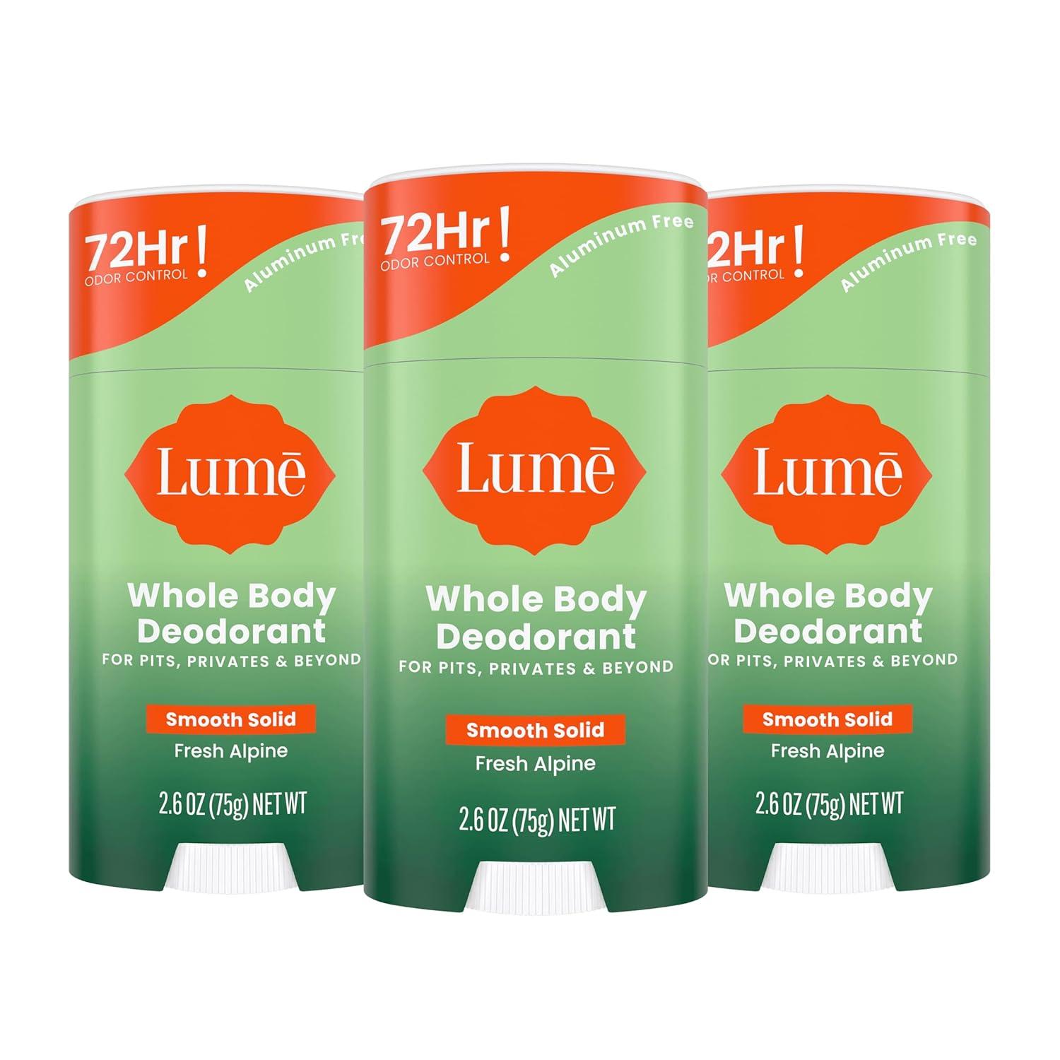 image:imageLume Whole Body Deodorant Smooth Solid Stick 72 Hour Odor Control Aluminum Free Baking Soda Free and Skin Safe 26 Ounce Pack of 3 Clean Tangerine Lavender Sage UnscentedFresh Alpine
