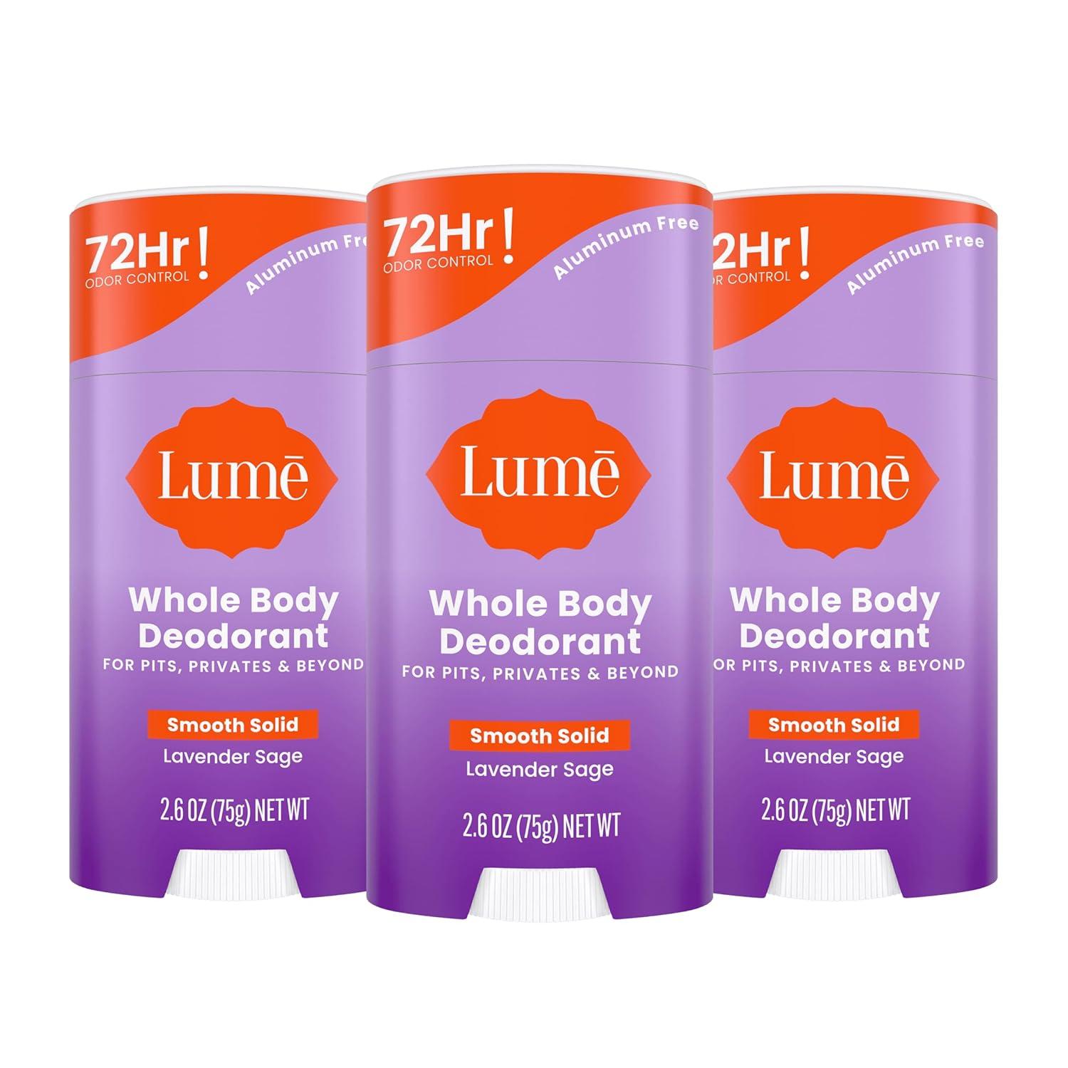 image:imageLume Whole Body Deodorant Smooth Solid Stick 72 Hour Odor Control Aluminum Free Baking Soda Free and Skin Safe 26 Ounce Pack of 3 Clean Tangerine Lavender Sage UnscentedLavender Sage