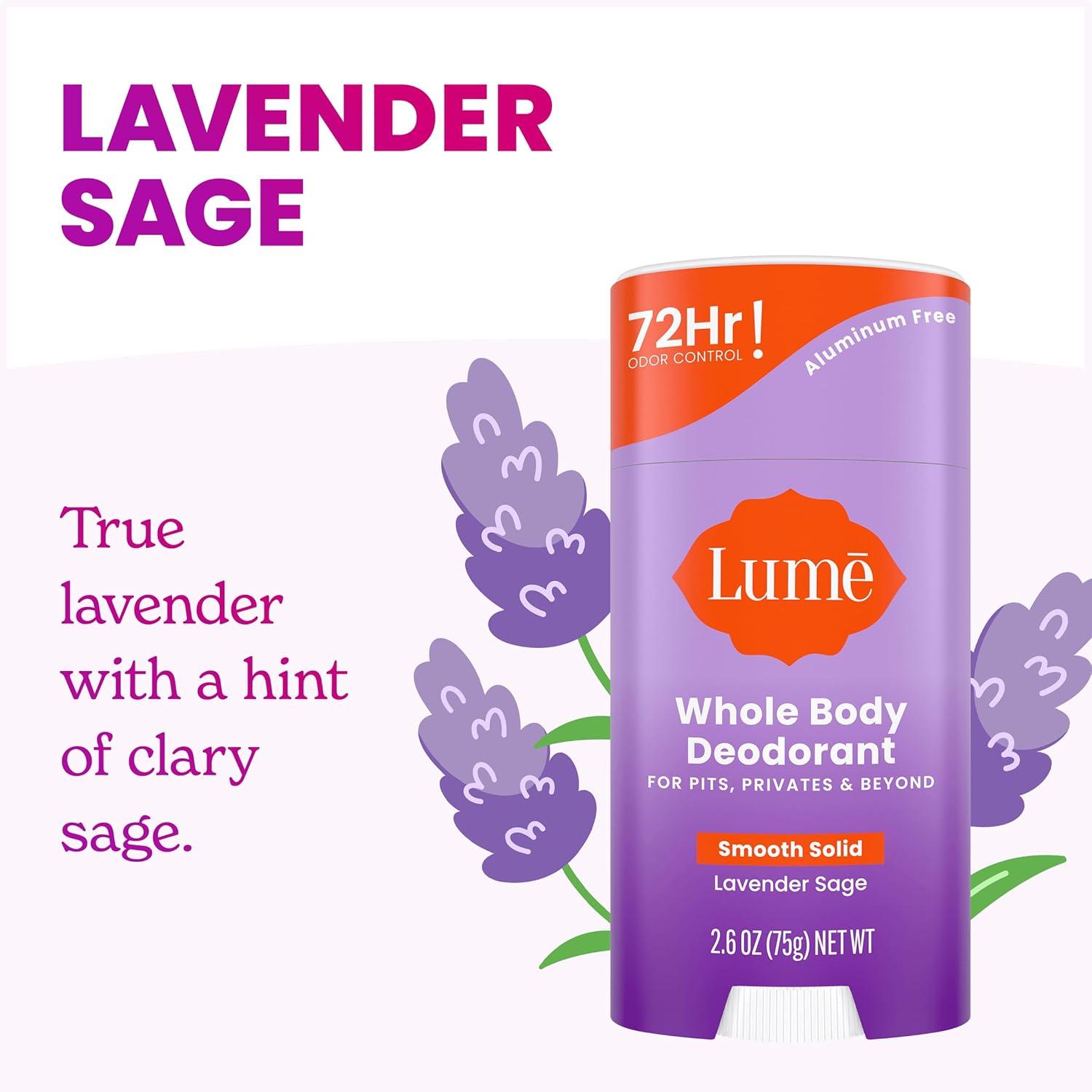 image:imageLume Whole Body Deodorant Smooth Solid Stick 72 Hour Odor Control Aluminum Free Baking Soda Free and Skin Safe 26 Ounce Pack of 3 Clean Tangerine Lavender Sage UnscentedLavender Sage