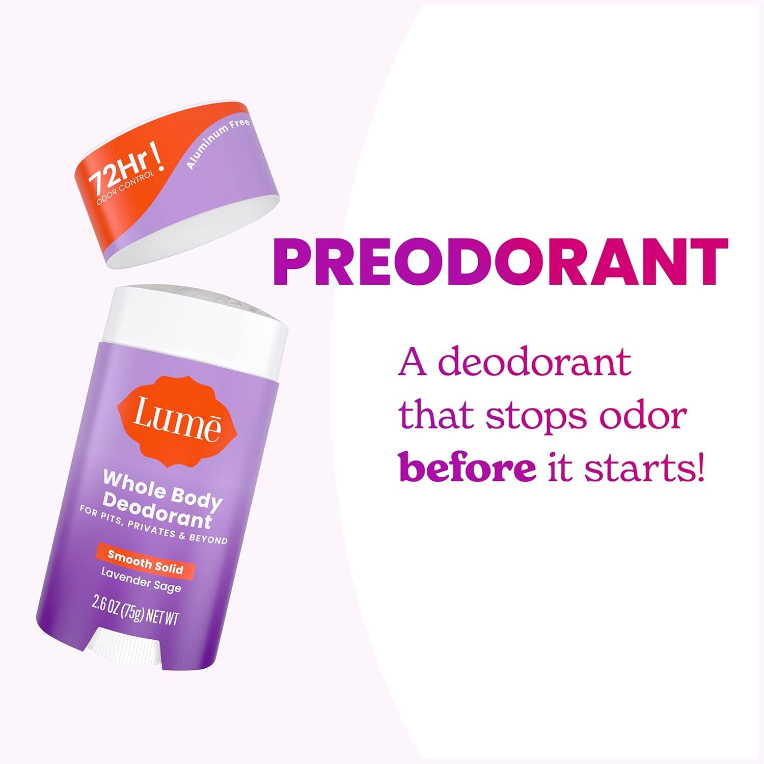 image:imageLume Whole Body Deodorant Smooth Solid Stick 72 Hour Odor Control Aluminum Free Baking Soda Free and Skin Safe 26 Ounce Pack of 3 Clean Tangerine Lavender Sage UnscentedLavender Sage