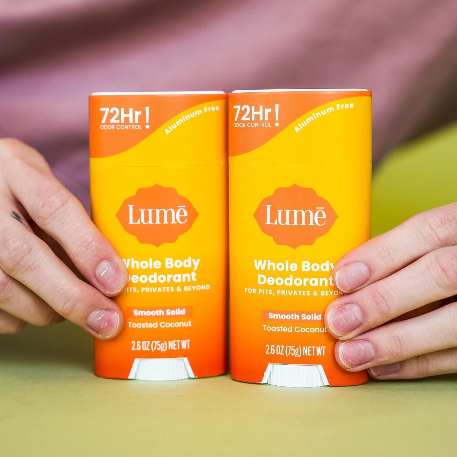 image:imageLume Whole Body Deodorant Smooth Solid Stick 72 Hour Odor Control Aluminum Free Baking Soda Free and Skin Safe 26 Ounce Pack of 3 Clean Tangerine Lavender Sage UnscentedToasted Coconut