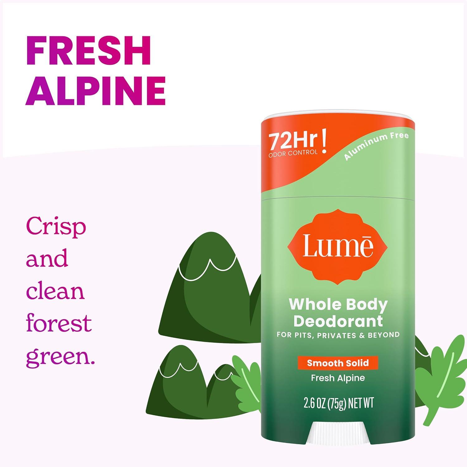 image:imageLume Whole Body Deodorant Smooth Solid Stick 72 Hour Odor Control Aluminum Free Baking Soda Free and Skin Safe 26 Ounce Pack of 3 Clean Tangerine Lavender Sage UnscentedFresh Alpine