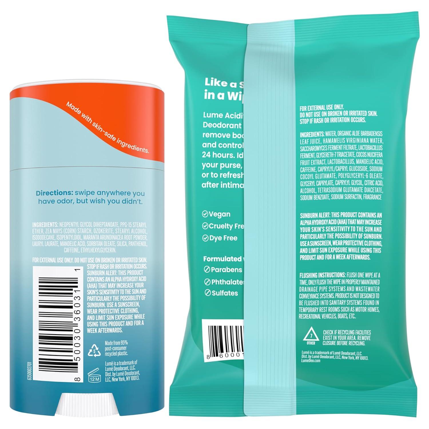 image:imageLume Whole Body Deodorant Smooth Solid Stick amp Flushable Deodorant Wipes Doctor Developed Aluminum Free Baking Soda Free Skin Loving 26 Ounce Soft Powder 15 Count Wipes Cool CucumberUnscented Cool Cucumber