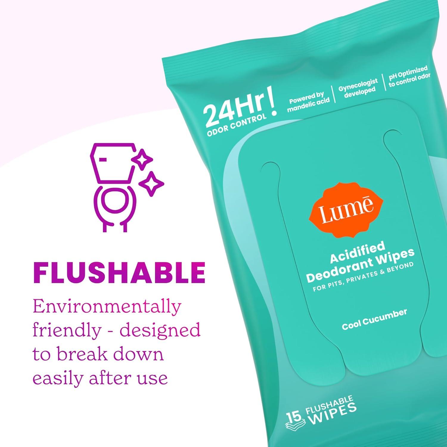 image:imageLume Whole Body Deodorant Smooth Solid Stick amp Flushable Deodorant Wipes Doctor Developed Aluminum Free Baking Soda Free Skin Loving 26 Ounce Soft Powder 15 Count Wipes Cool CucumberUnscented Cool Cucumber