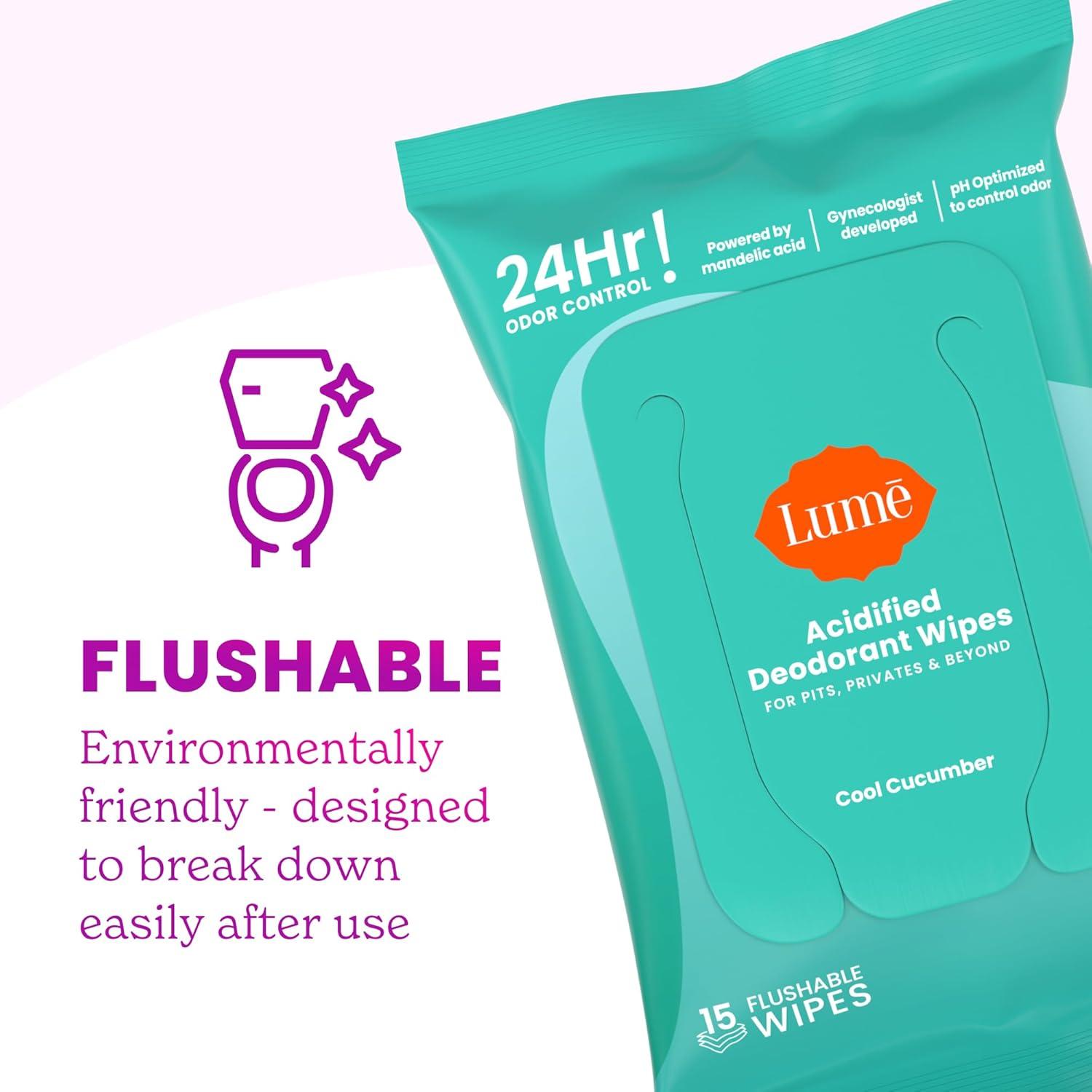 image:imageLume Whole Body Deodorant Smooth Solid Stick amp Flushable Deodorant Wipes Doctor Developed Aluminum Free Baking Soda Free Skin Loving 26 Ounce Soft Powder 15 Count Wipes Cool CucumberSoft Powder Cool Cucumber