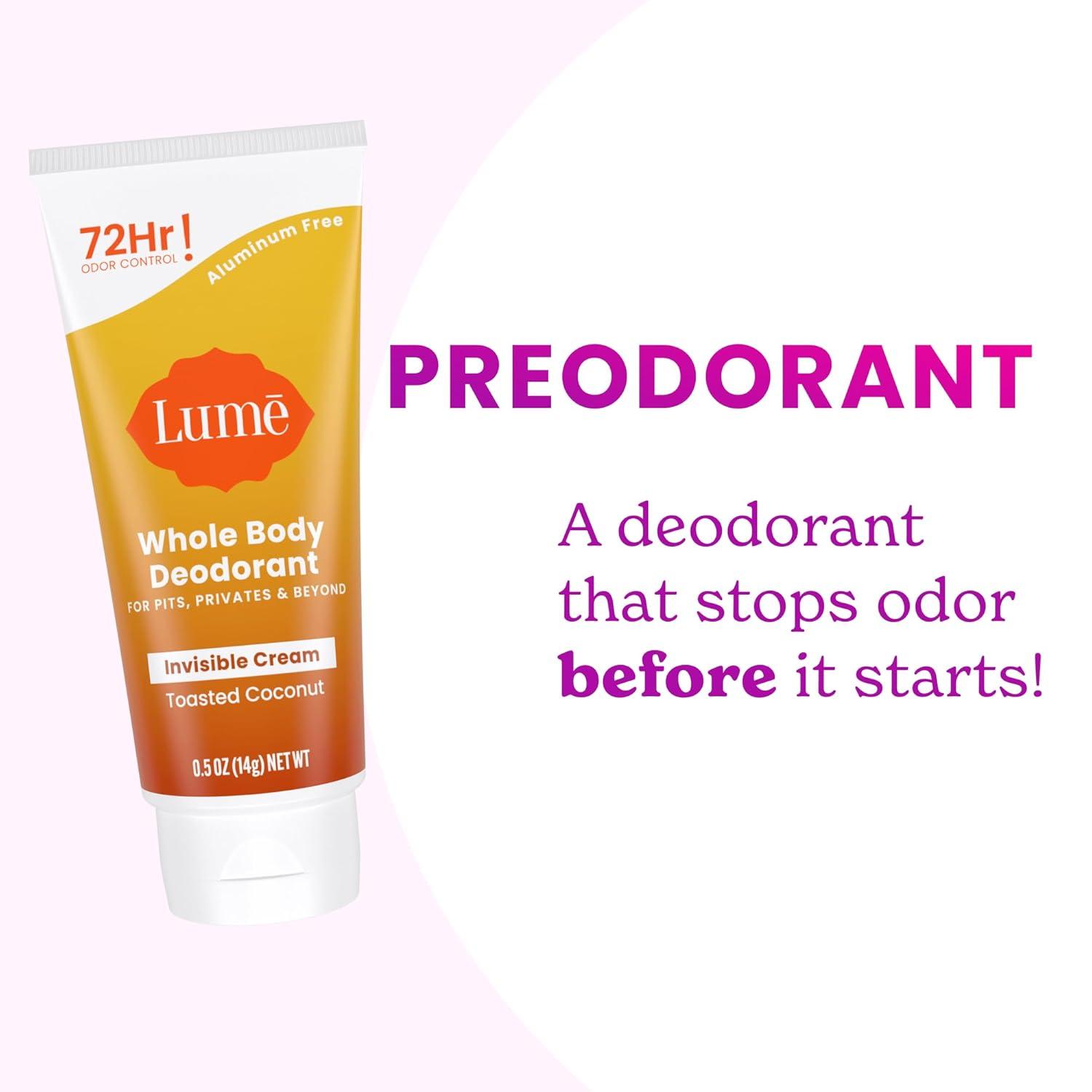 image:imageLume Whole Body Deodorant 5 Pack Sampler Invisible Cream Minis 72 Hour Odor Control Aluminum amp Baking Soda Free Clean Tangerine Lavender Sage Peony Rose Toasted Coconut UnscentedToasted Coconut