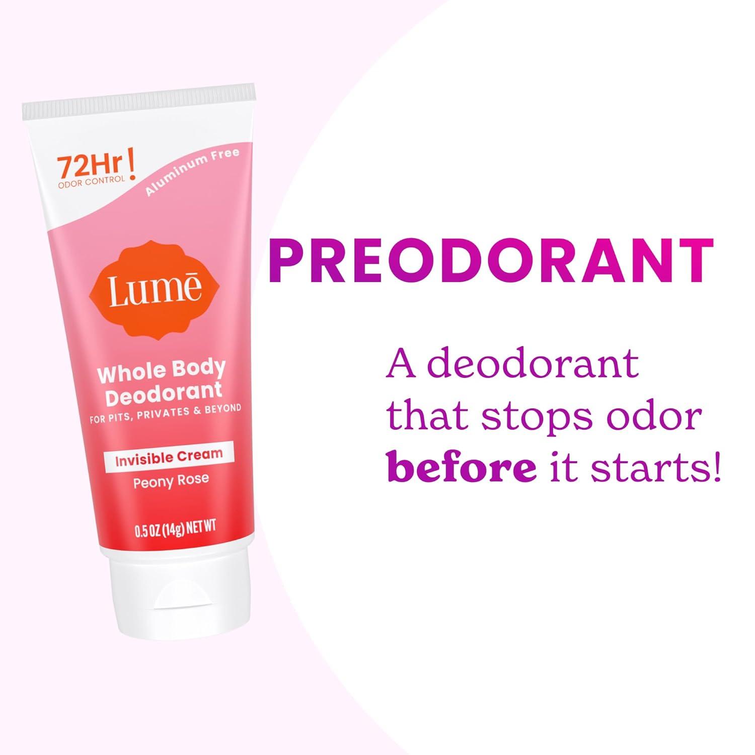 image:imageLume Whole Body Deodorant 5 Pack Sampler Invisible Cream Minis 72 Hour Odor Control Aluminum amp Baking Soda Free Clean Tangerine Lavender Sage Peony Rose Toasted Coconut UnscentedPeony Rose
