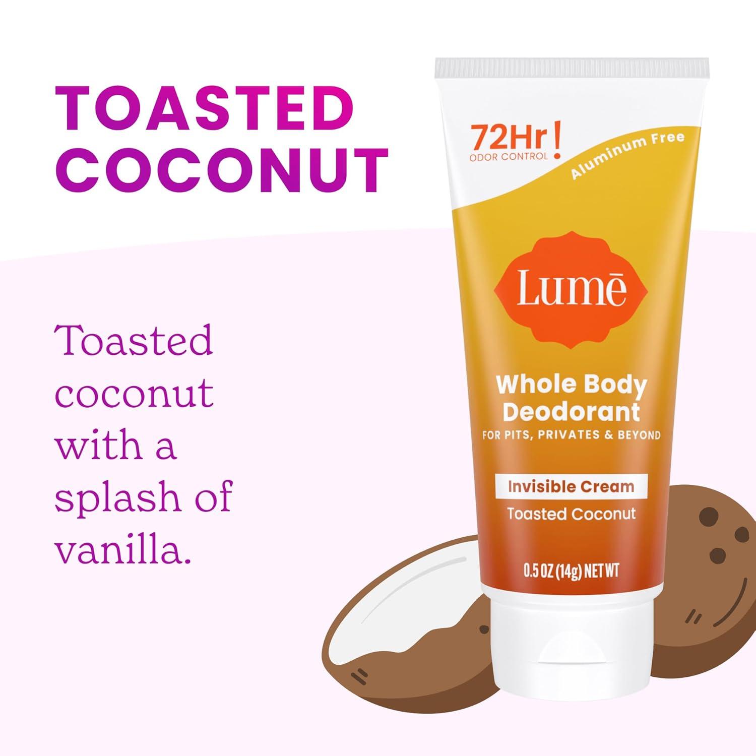 image:imageLume Whole Body Deodorant 5 Pack Sampler Invisible Cream Minis 72 Hour Odor Control Aluminum amp Baking Soda Free Clean Tangerine Lavender Sage Peony Rose Toasted Coconut UnscentedToasted Coconut Clean Tangerine