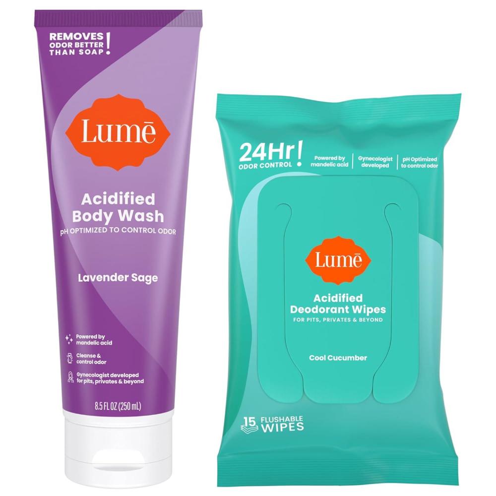 image:imageLume Acidified Body Wash amp Flushable Deodorant Wipes 24 Hour Odor Control Hydrating Wash Without SLS or Parabens OBGYN Developed 85 ounce Lavender Sage 15 Count Wipes CucumberLavender Sage Cool Cucumber