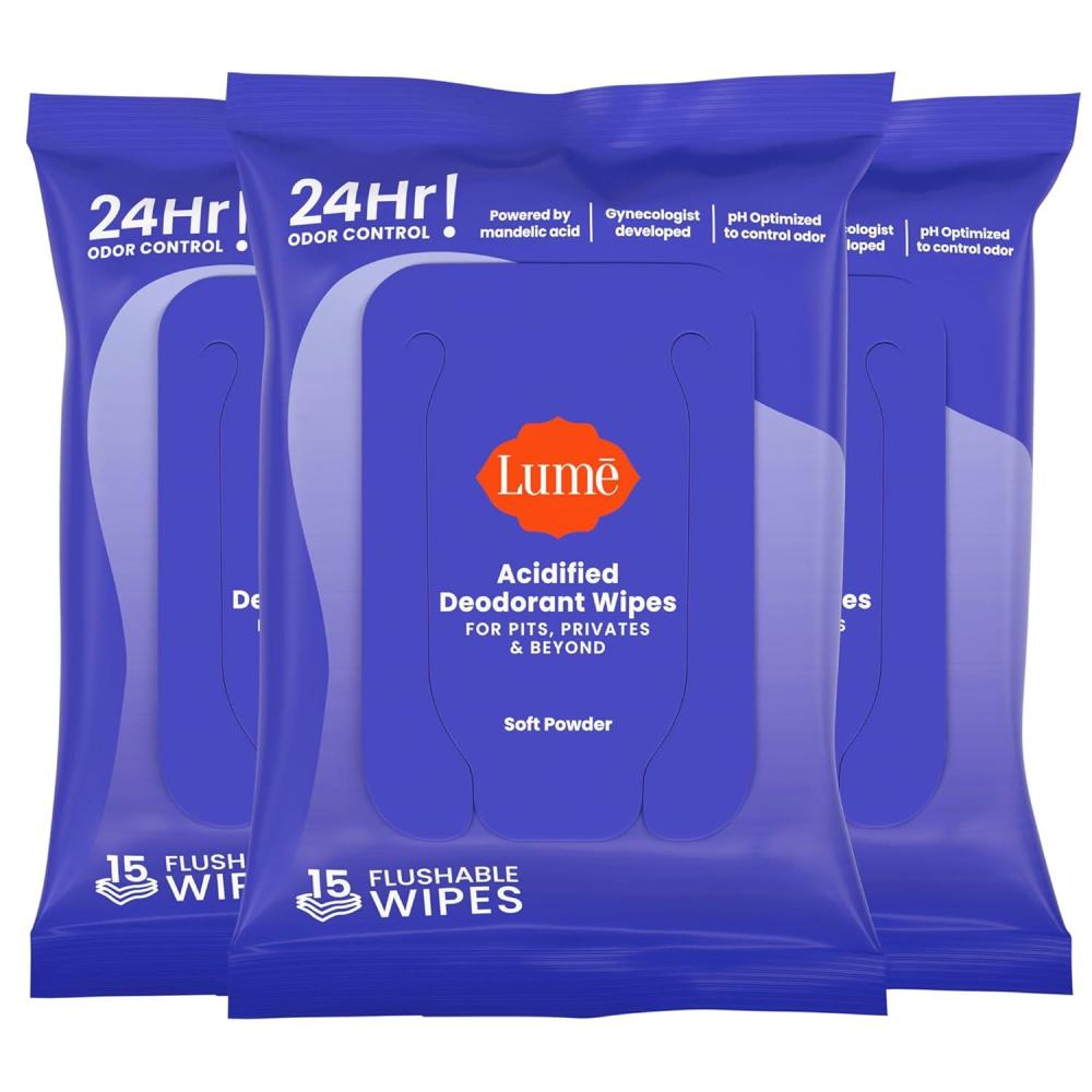 image:imageLume Acidified Deodorant Wipes 24 Hour Odor Control Whole Body Deodorant Wipes Aluminum Free Baking Soda Free Skin Loving Flushable 15 Count 3 Pack Soft PowderSoft Powder