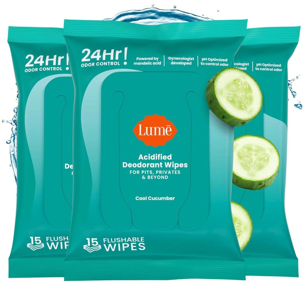 image:imageLume Acidified Deodorant Wipes 24 Hour Odor Control Whole Body Deodorant Wipes Aluminum Free Baking Soda Free Skin Loving Flushable 15 Count 3 Pack Soft PowderCool Cucumber
