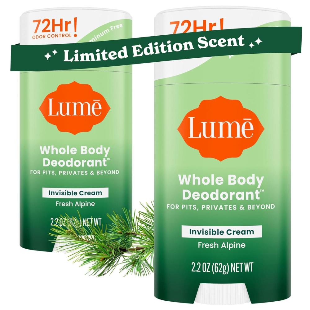 image:imageLume Whole Body Deodorant Invisible Cream Stick 72 Hour Odor Control Aluminum Free Baking Soda Free Skin Safe 22 Ounce Pack of 2 Toasted CoconutFresh Alpine