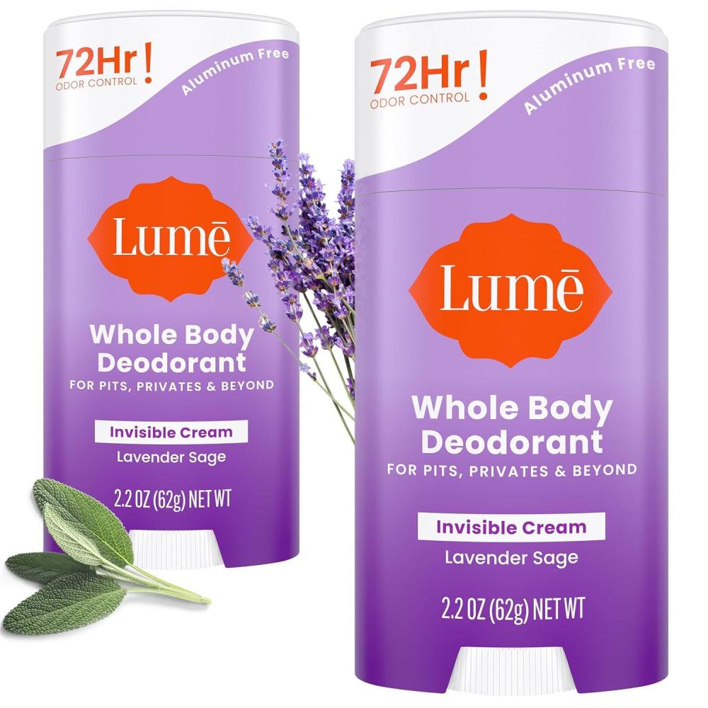 image:imageLume Whole Body Deodorant Invisible Cream Stick 72 Hour Odor Control Aluminum Free Baking Soda Free Skin Safe 22 Ounce Pack of 2 Toasted CoconutLavender Sage