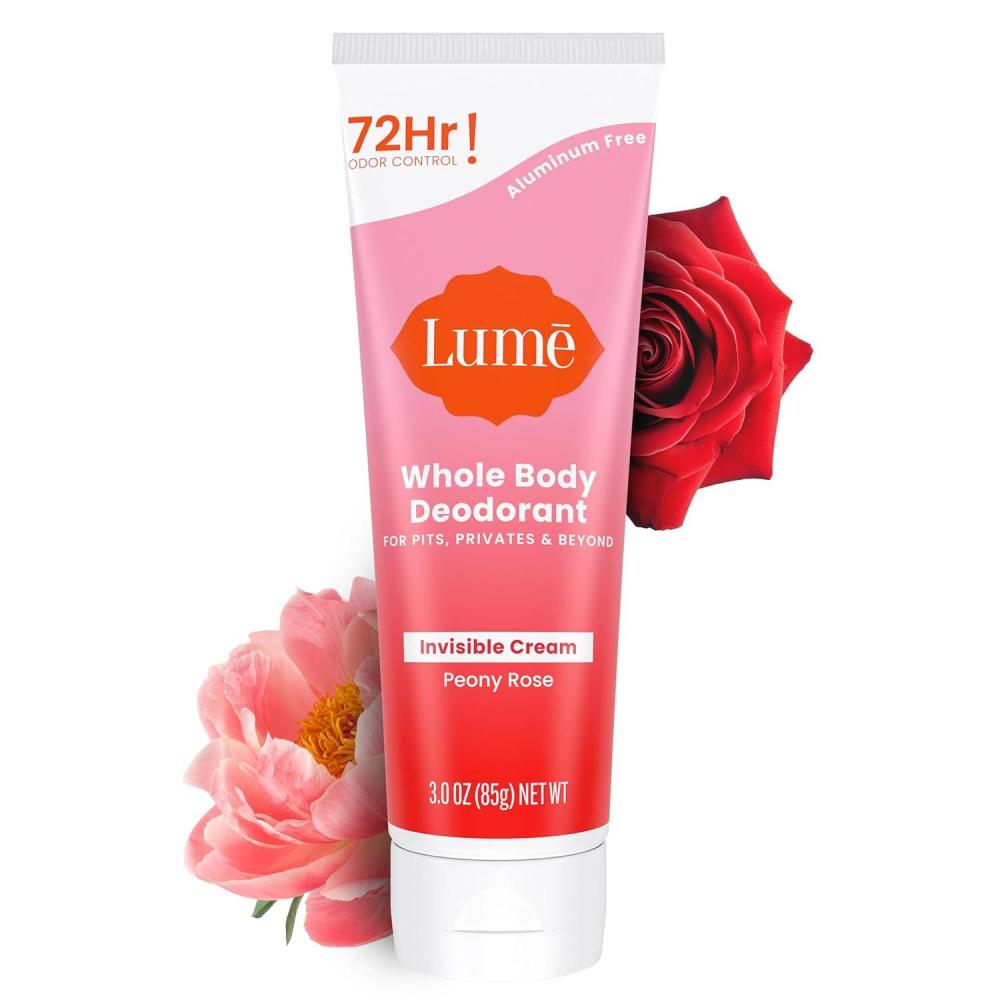 image:imageLume Whole Body Deodorant Invisible Cream Tube 72 Hour Odor Control Aluminum Free Baking Soda Free Skin Safe 30 ounce Soft PowderPeony Rose