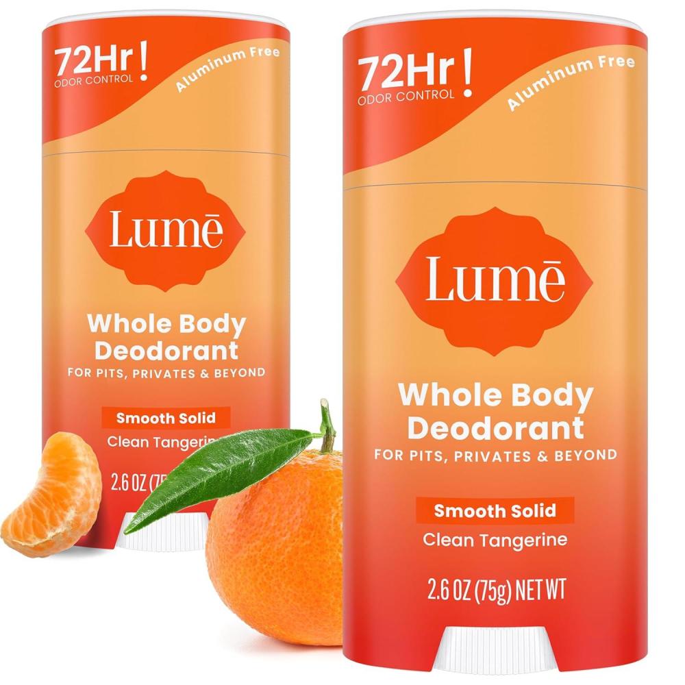 image:imageLume Whole Body Deodorant Smooth Solid Stick 72 Hour Odor Control Aluminum Free Baking Soda Free and Skin Safe 26 Ounce Pack of 3 Clean Tangerine Lavender Sage UnscentedClean Tangerine