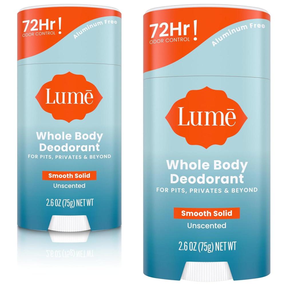 image:imageLume Whole Body Deodorant Smooth Solid Stick 72 Hour Odor Control Aluminum Free Baking Soda Free and Skin Safe 26 Ounce Pack of 3 Clean Tangerine Lavender Sage UnscentedUnscented