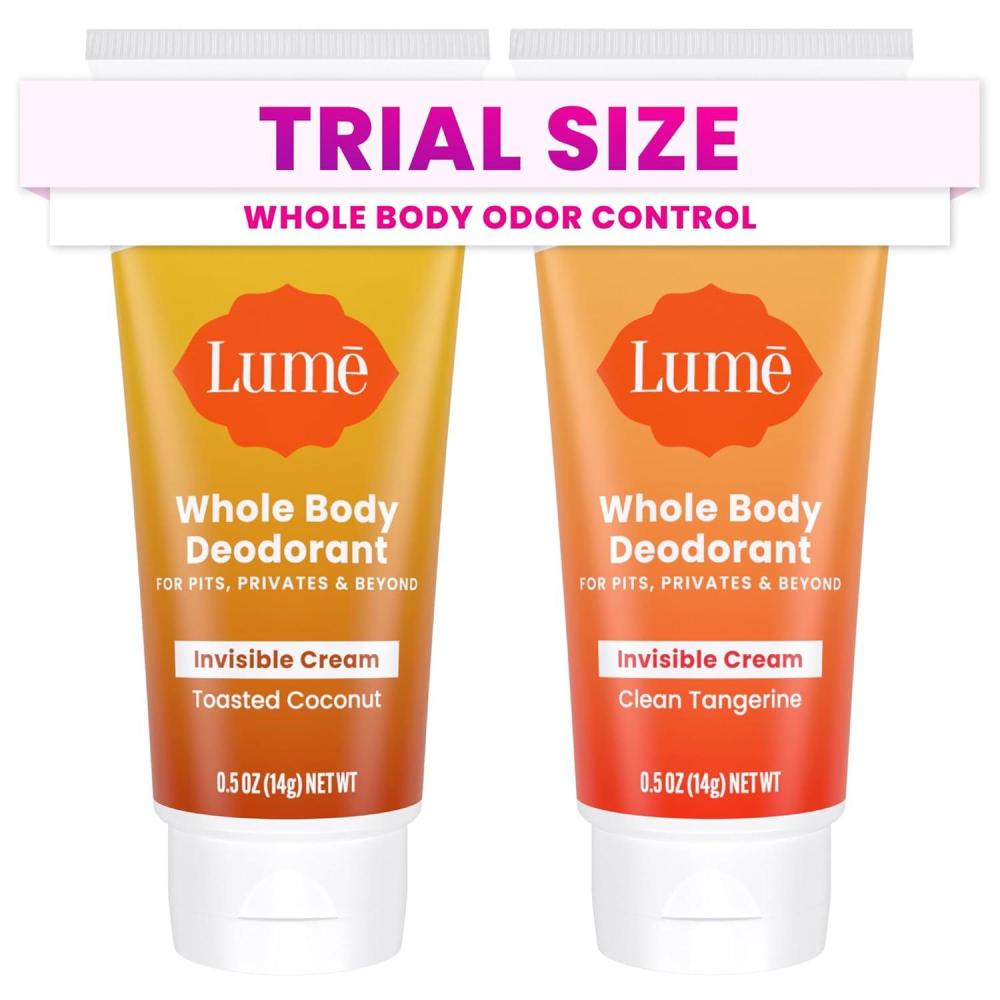 image:imageLume Whole Body Deodorant 5 Pack Sampler Invisible Cream Minis 72 Hour Odor Control Aluminum amp Baking Soda Free Clean Tangerine Lavender Sage Peony Rose Toasted Coconut UnscentedToasted Coconut Clean Tangerine
