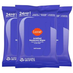 Lume Acidified Deodorant Wipes – 24 Hour Odor Control – Whole Body Deodorant Wipes – Aluminum Free, Baking Soda Free, Skin Loving – Flushable – 15 Count – 3 Pack (Soft Powder)(Soft Powder)