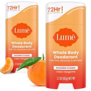 Lume Whole Body Deodorant – Invisible Cream Stick – 72 Hour Odor Control – Aluminum Free, Baking Soda Free, Skin Safe – 2.2 Ounce (Pack of 2) (Toasted Coconut)(Clean Tangerine)
