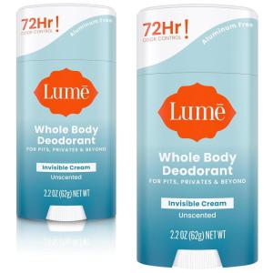 Lume Whole Body Deodorant – Invisible Cream Stick – 72 Hour Odor Control – Aluminum Free, Baking Soda Free, Skin Safe – 2.2 Ounce (Pack of 2) (Toasted Coconut)(Unscented)