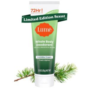 Lume Whole Body Deodorant – Invisible Cream Tube – 72 Hour Odor Control – Aluminum Free, Baking Soda Free, Skin Safe – 3.0 ounce (Soft Powder)(Fresh Alpine)