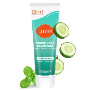 Lume Whole Body Deodorant – Invisible Cream Tube – 72 Hour Odor Control – Aluminum Free, Baking Soda Free, Skin Safe – 3.0 ounce (Soft Powder)(Minted Cucumber)