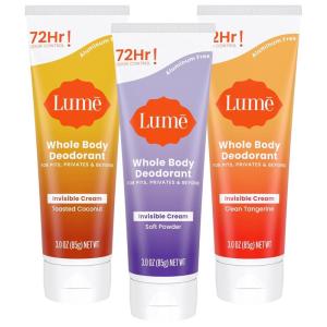 Lume Whole Body Deodorant – Invisible Cream Tube – 72 Hour Odor Control – Aluminum Free, Baking Soda Free, Skin Safe – 3.0 ounce (Soft Powder)(Toasted Coconut  Soft Powder & Clean Tangerine)