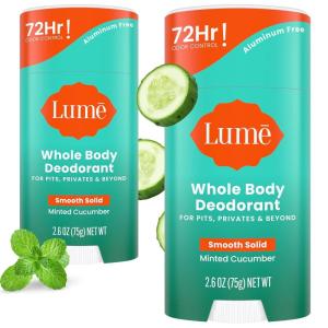 Lume Whole Body Deodorant – Smooth Solid Stick – 72 Hour Odor Control – Aluminum Free, Baking Soda Free and Skin Safe – 2.6 Ounce (Pack of 3) (Clean Tangerine, Lavender Sage, Unscented)(Minted Cucumber)