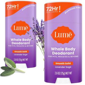Lume Whole Body Deodorant – Smooth Solid Stick – 72 Hour Odor Control – Aluminum Free, Baking Soda Free and Skin Safe – 2.6 Ounce (Pack of 3) (Clean Tangerine, Lavender Sage, Unscented)(Lavender Sage)