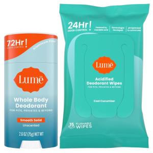 Lume Whole Body Deodorant – Smooth Solid Stick & Flushable Deodorant Wipes – Doctor Developed – Aluminum Free, Baking Soda Free, Skin Loving – 2.6 Ounce (Soft Powder) 15 Count Wipes (Cool Cucumber)(Unscented & Cool Cucumber)