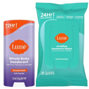 Lume Whole Body Deodorant – Smooth Solid Stick & Flushable Deodorant Wipes – Doctor Developed – Aluminum Free, Baking Soda Free, Skin Loving – 2.6 Ounce (Soft Powder) 15 Count Wipes (Cool Cucumber)(Soft Powder & Cool Cucumber)