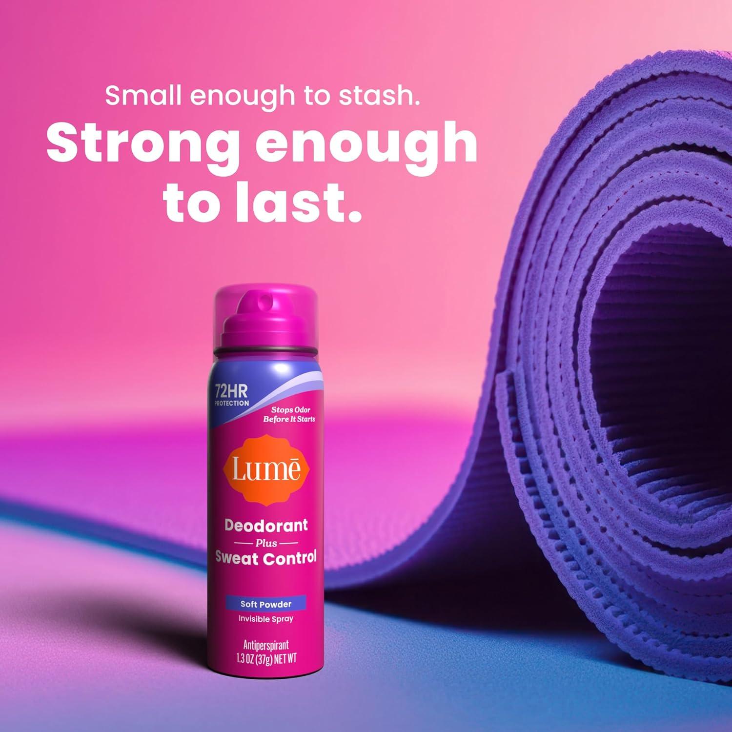 image:imageLume Deodorant Plus Sweat Control Invisible Spray Extra Strength Antiperspirant For Underarms 72 Hour Odor And Sweat Control Baking Soda Free Full Size Mini 2 Pack Soft PowderSoft Powder