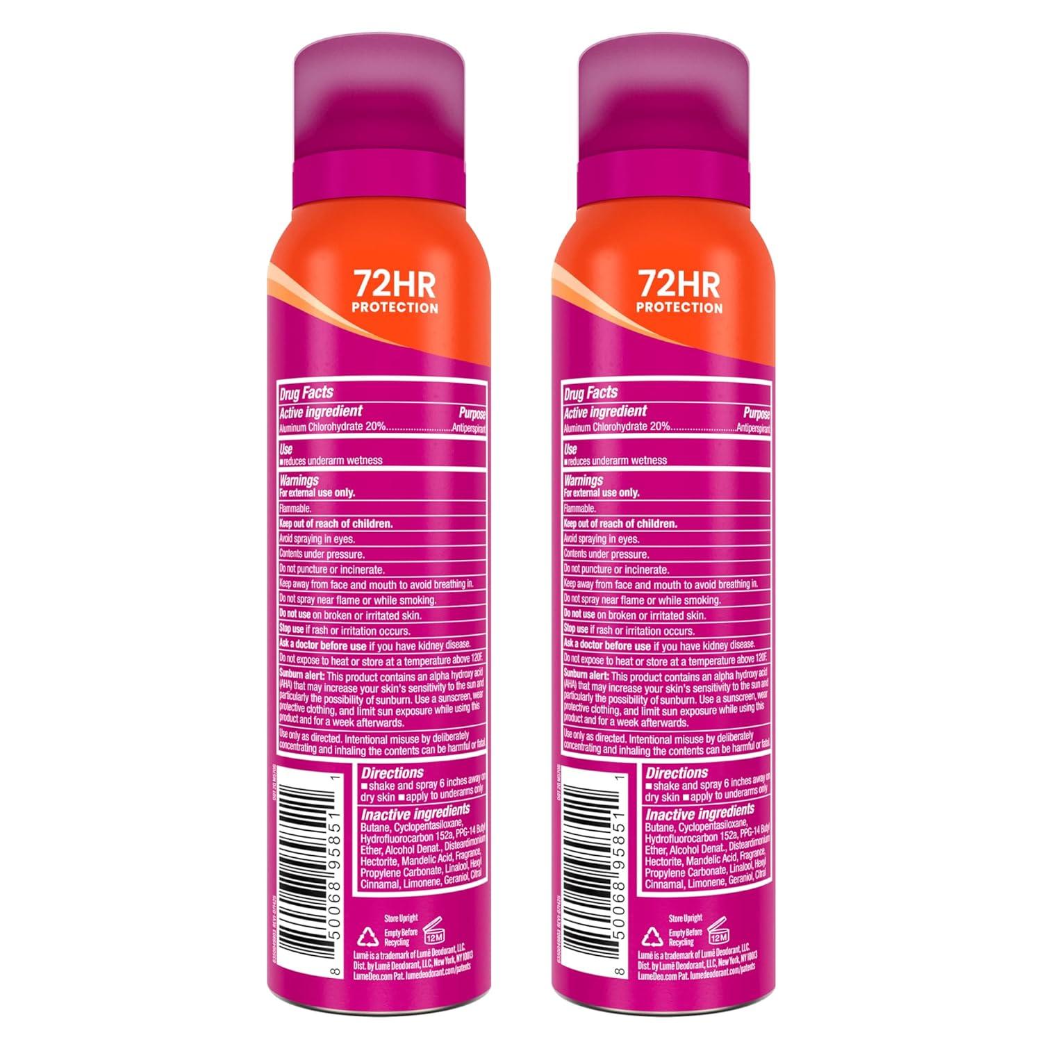 image:imageLume Deodorant Plus Sweat Control Invisible Spray Extra Strength Antiperspirant For Underarms 72 Hour Odor And Sweat Control Phthalate and Paraben Free Formula 2 Pack Soft PowderClean Tangerine