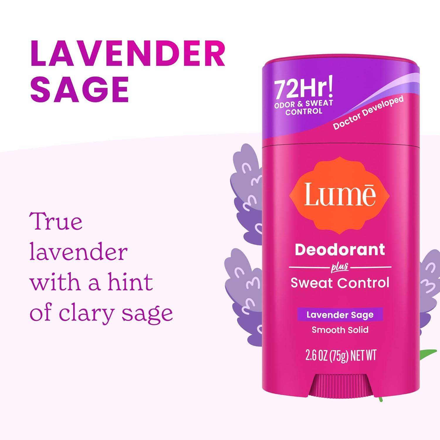 image:imageLume Deodorant Plus Sweat Control Smooth Solid Stick Maximum Strength Antiperspirant 72 Hour Odor And Sweat Control Baking Soda Free Skin Loving 26 ounce Fresh Spring Pack of 2Lavender Sage