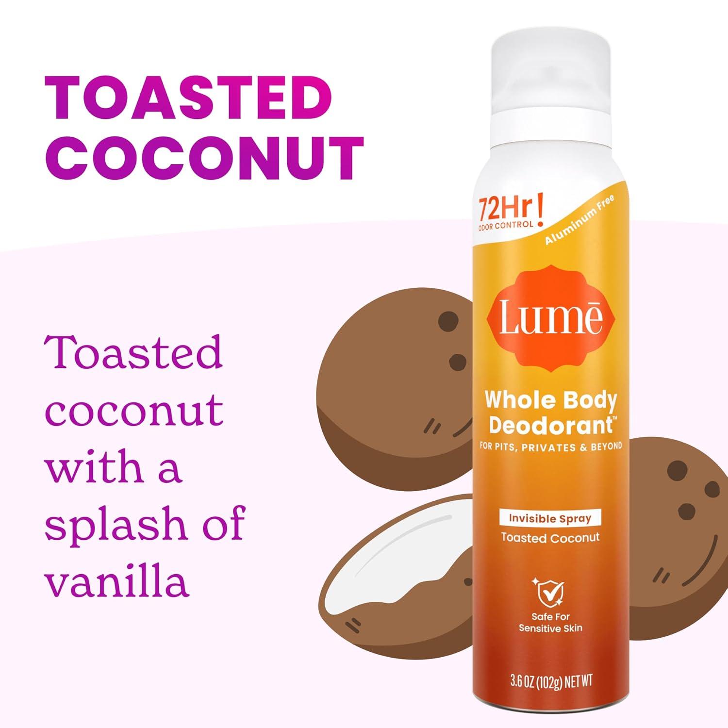 image:imageLume Invisible Spray Deodorant For Women Whole Body Deodorant Spray 72 Hr Odor Control Ozone Friendly Natural Propellant Aluminum amp Baking Soda Free Skin Loving 36 ounce UnscentedToasted Coconut