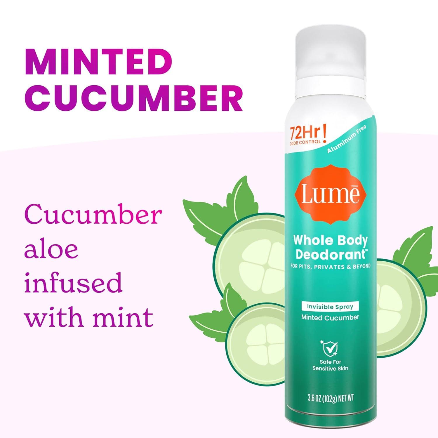image:imageLume Invisible Spray Deodorant For Women Whole Body Deodorant Spray 72 Hr Odor Control Ozone Friendly Natural Propellant Aluminum amp Baking Soda Free Skin Loving 36 ounce UnscentedMinted Cucumber