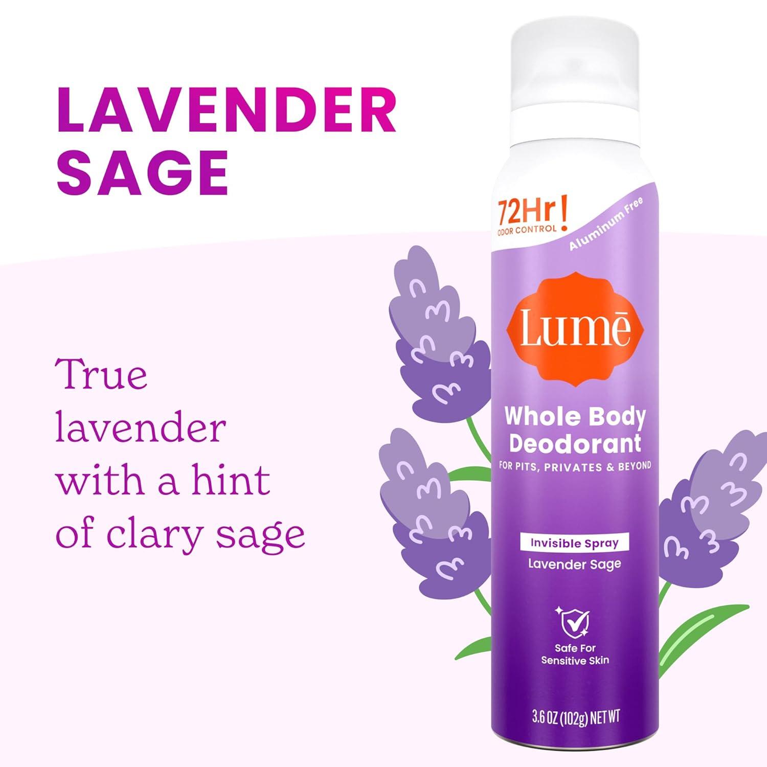 image:imageLume Invisible Spray Deodorant For Women Whole Body Deodorant Spray 72 Hr Odor Control Ozone Friendly Natural Propellant Aluminum amp Baking Soda Free Skin Loving 36 ounce UnscentedLavender Sage