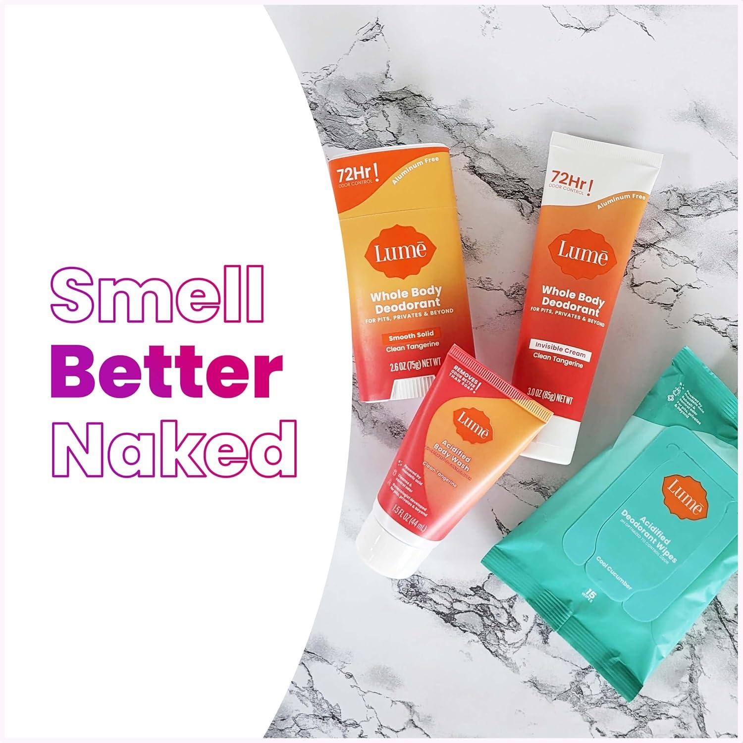 image:imageLume Skin Care Gift Set for Women Whole Body Deodorant Starter Pack Smooth Solid Stick Invisible Cream Tube Acidified Body Wash Mini amp Deodorant Wipes Aluminum Free Odor Control Peony RoseClean Tangerine