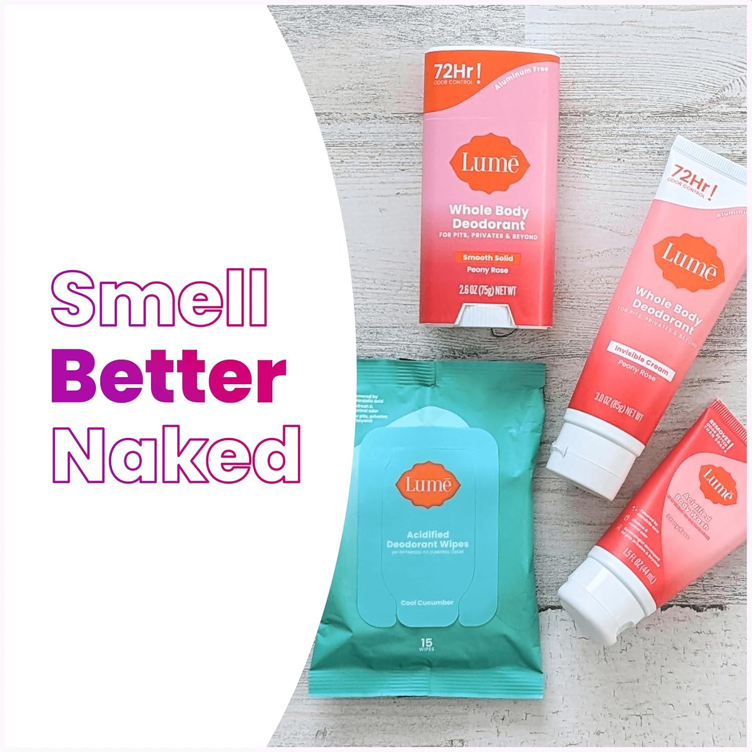 image:imageLume Skin Care Gift Set for Women Whole Body Deodorant Starter Pack Smooth Solid Stick Invisible Cream Tube Acidified Body Wash Mini amp Deodorant Wipes Aluminum Free Odor Control Peony RosePeony Rose